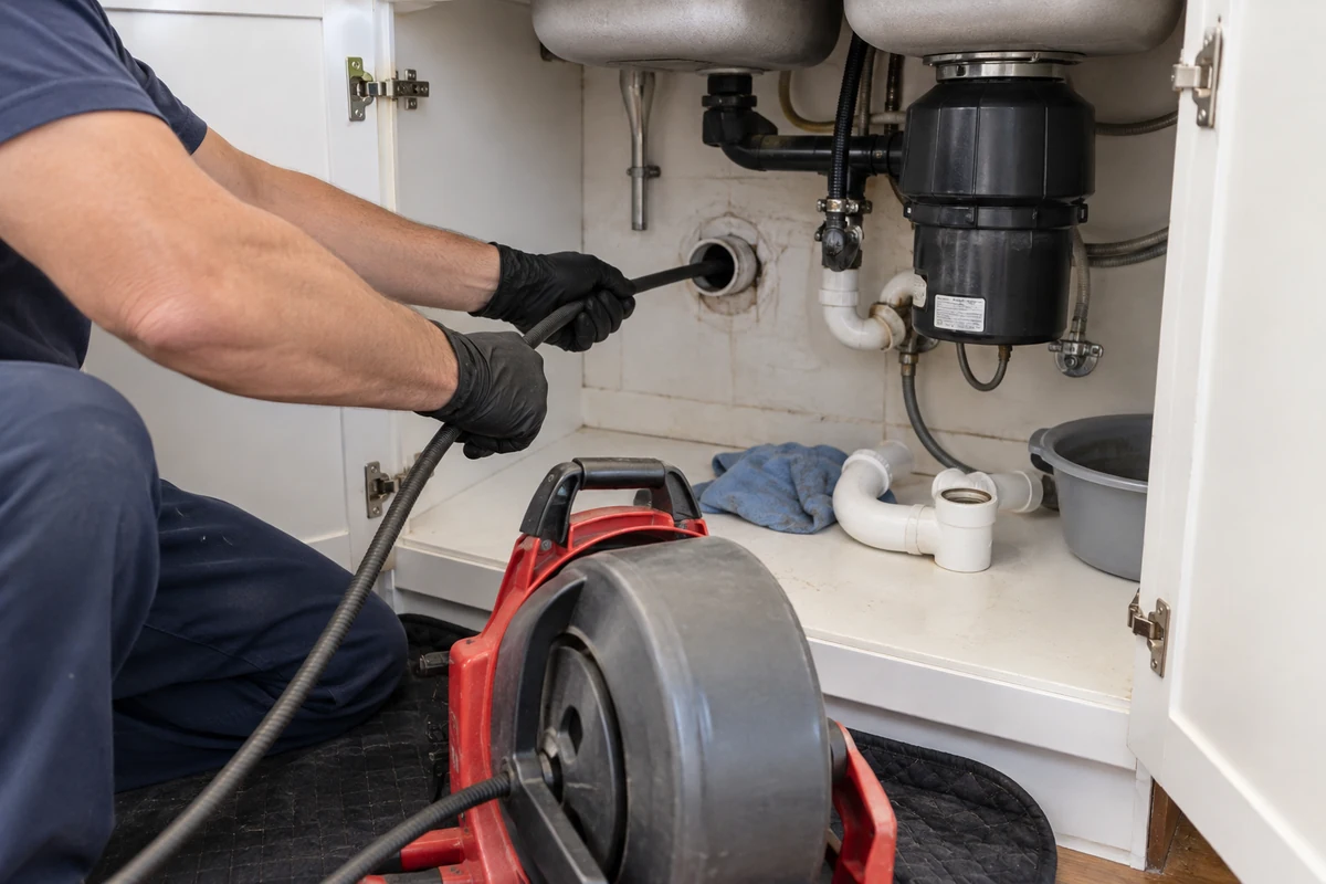 Drain cleaning cable fed into a kitchen drain