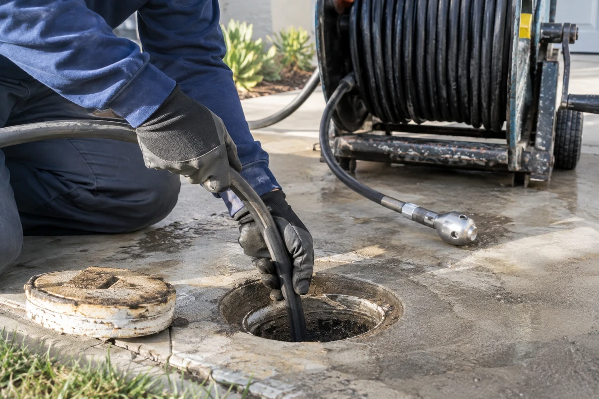 Hydro jetting hose fed into an outdoor sewer cleanout