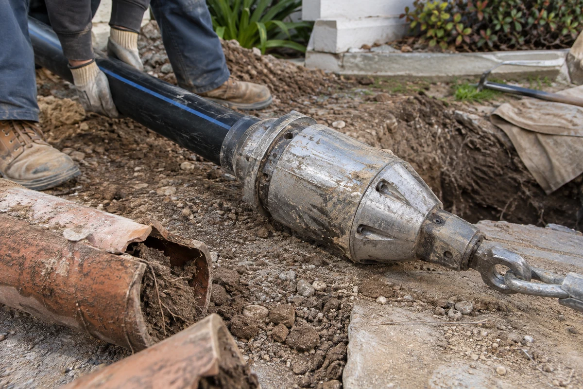 Pipe bursting head attached to replacement HDPE pipe