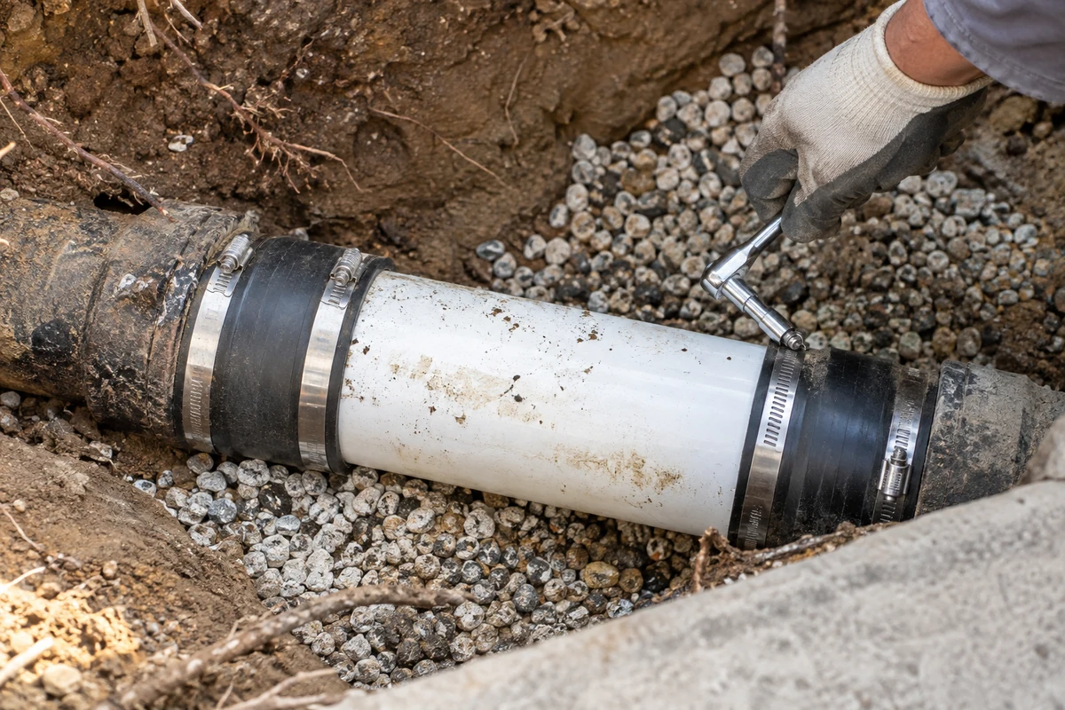 Localized sewer line repair with replacement pipe and couplings