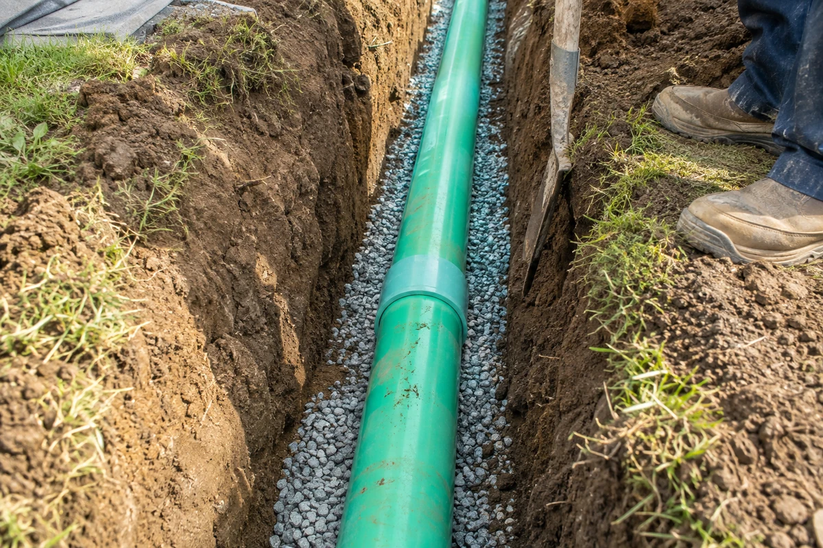 Sewer replacement pipe on gravel bedding