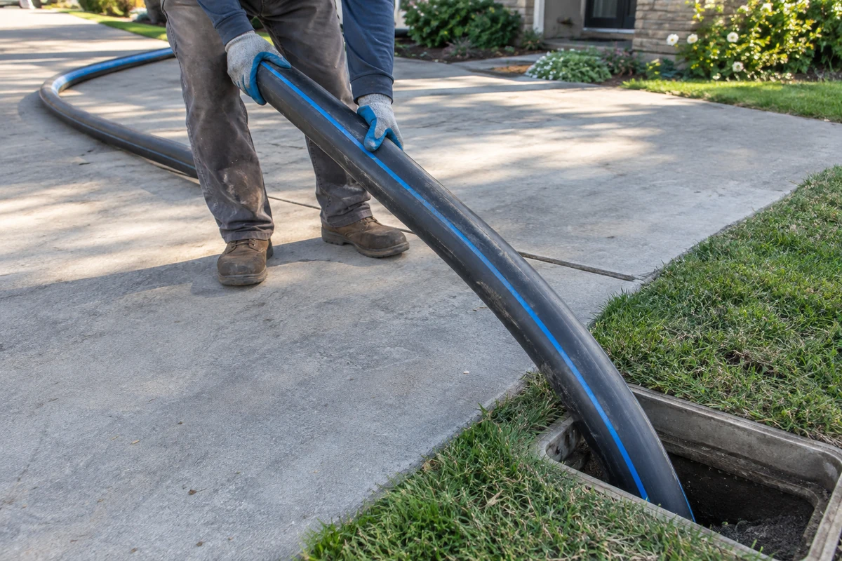 Trenchless sewer repair pipe guided toward a small access opening