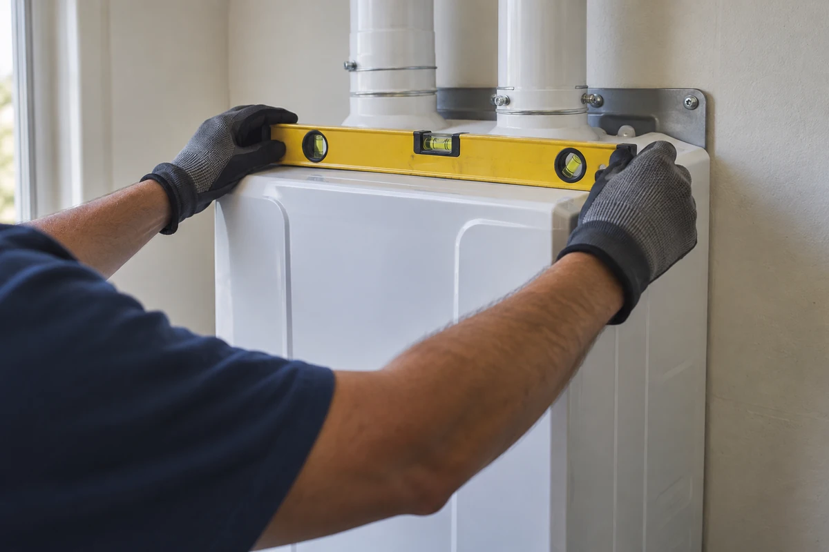 Water heater installation with a level check on a tankless unit